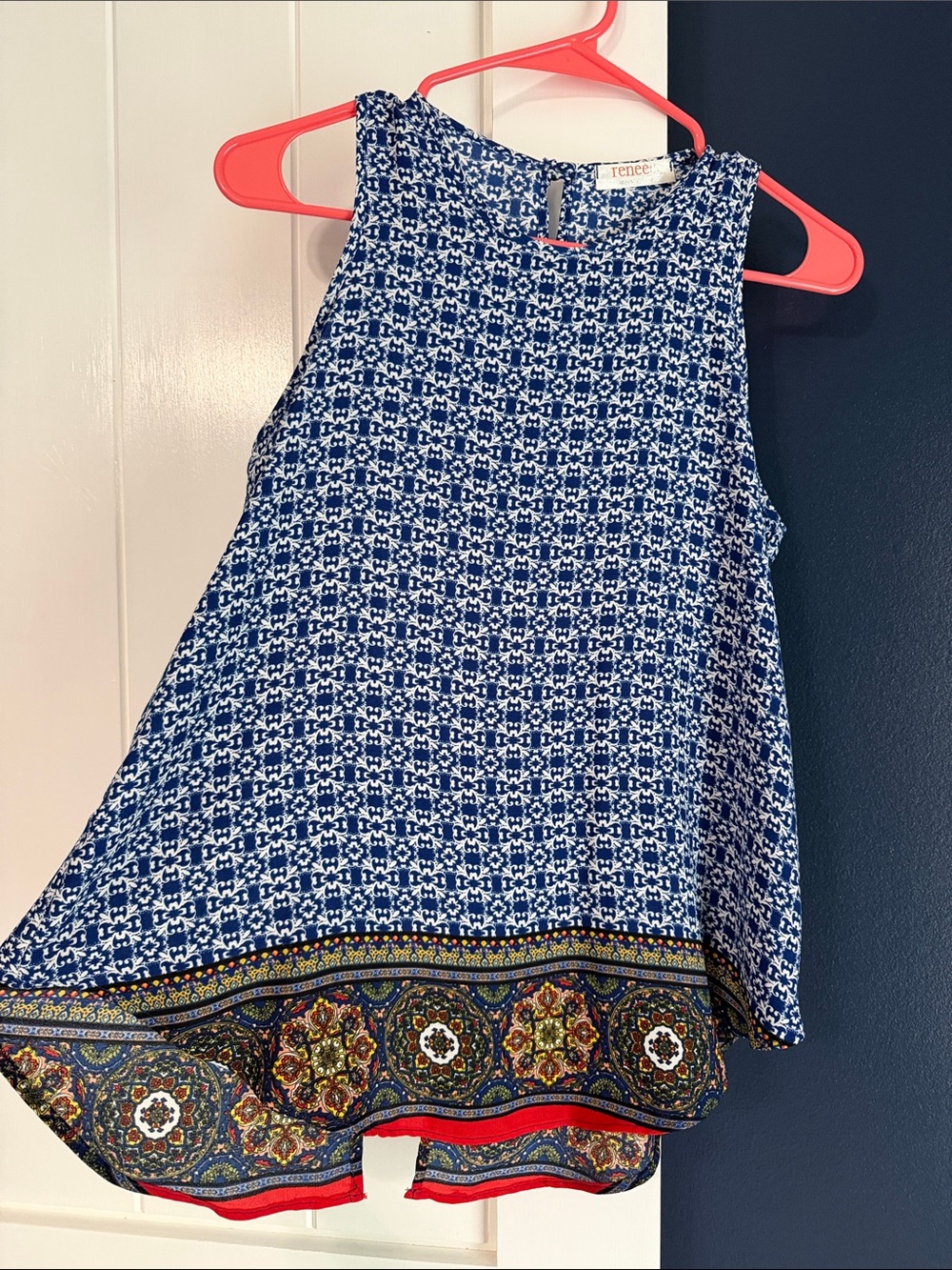 Reneec Blue Printed Sleeveless Tank with Border Hem